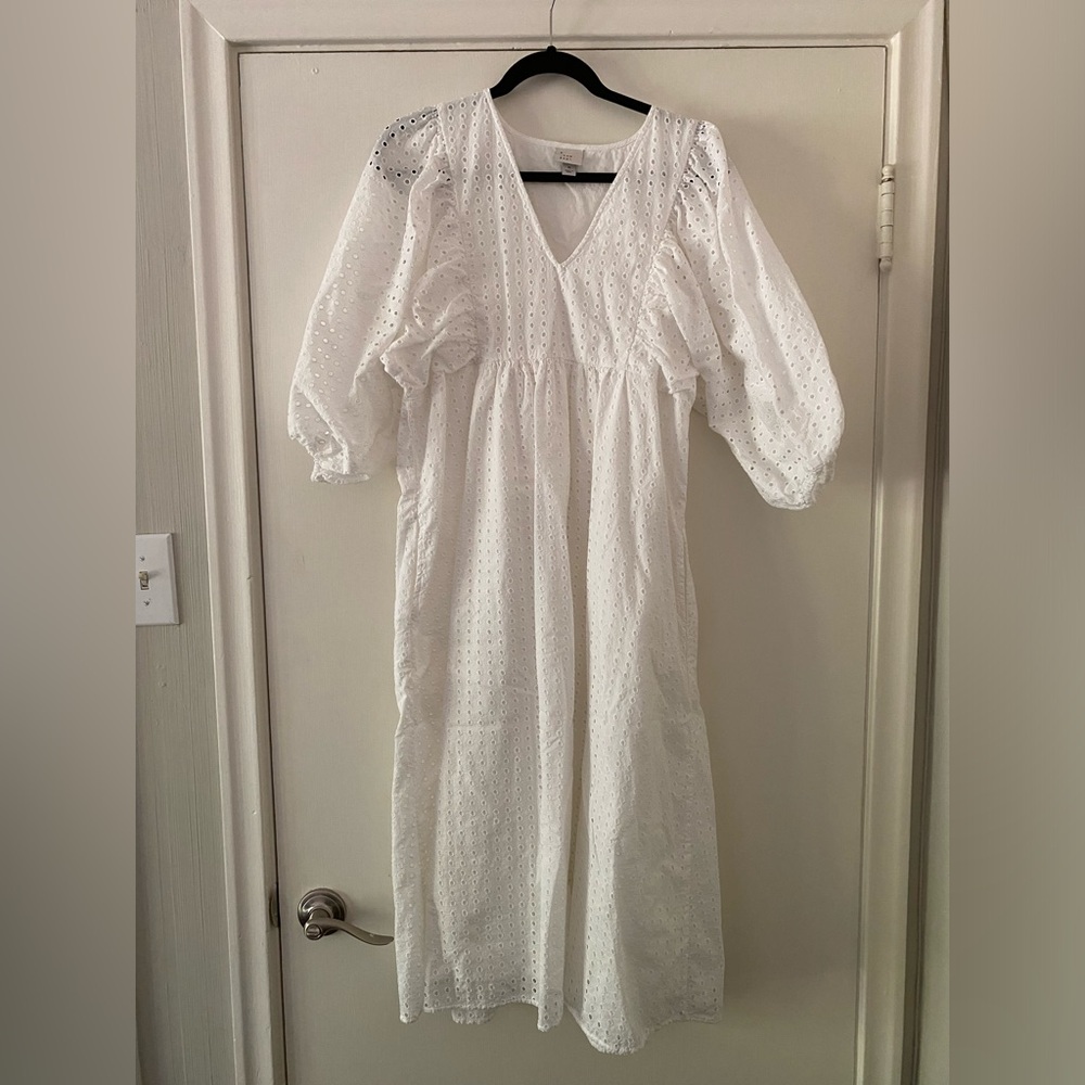 White 3/4 Balloon Sleeve Eyelet Midi Dress - Who What Wear - Medium